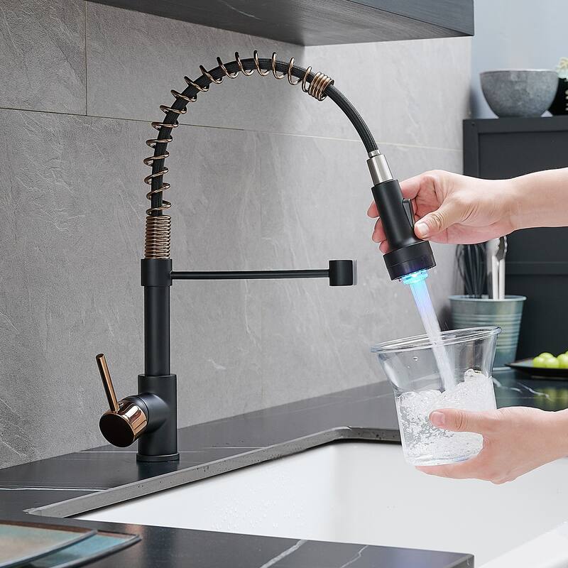 LED Commercial Kitchen Faucet with Pull Down Sprayer, Single Handle Single Lever Kitchen Sink Faucet - Black+Gold
