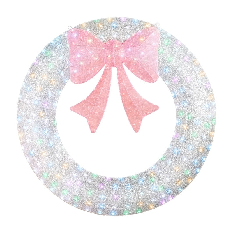 60in Pre-lit Outdoor Christmas Wreath Decoration, Lighted Metal Wreath with Pink Bow,for Front Door Gate Wall Holiday Party