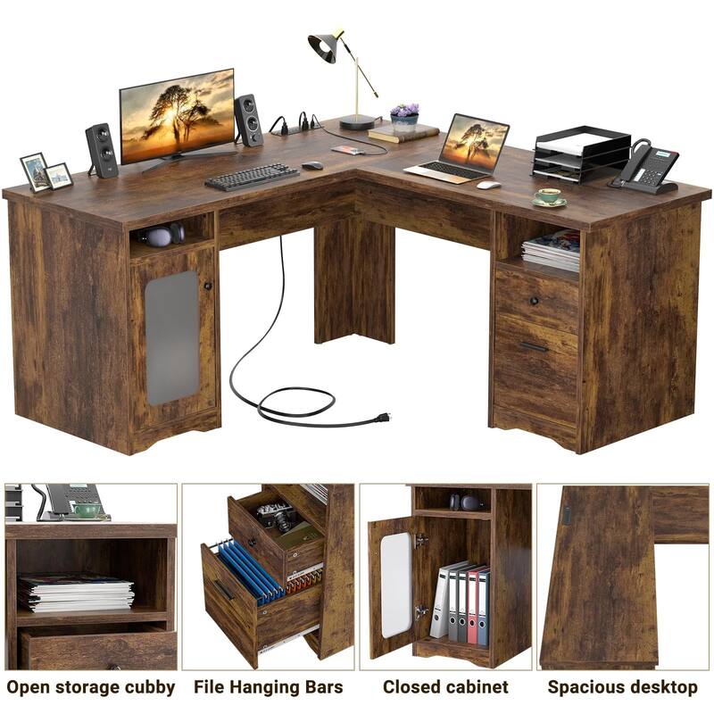 Modern Farmhouse L-Shape Desk with File Cabinet and Drawers, Homer Office Executive Desk with Charge Station
