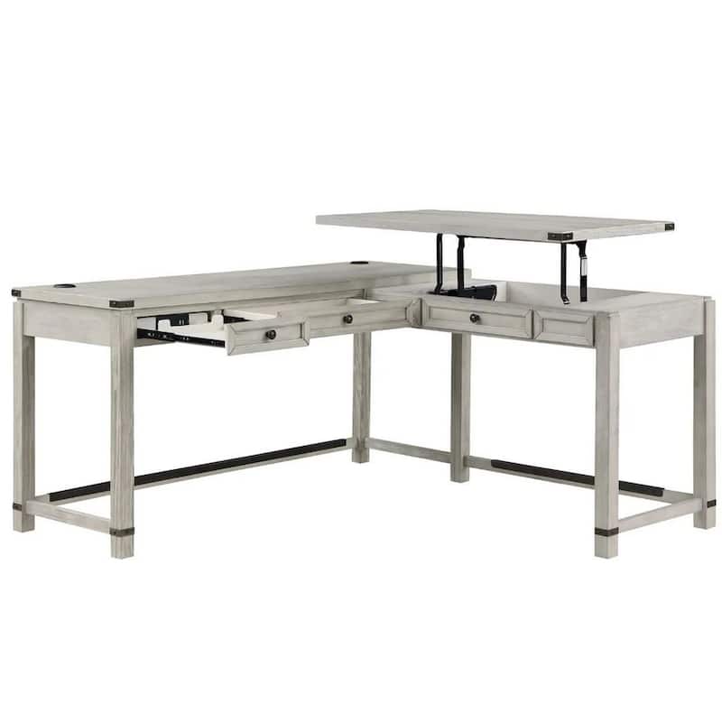 Gery L Corner Standing Sitting Desk with Lift Top, USB, White Wood
