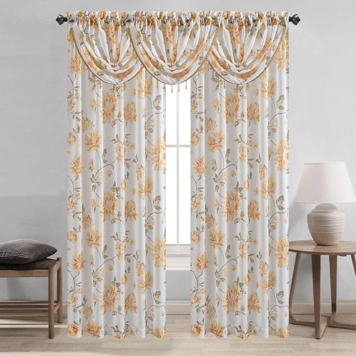 Anna Sheer Metallic Floral Rod Pocket Window Panel & Waterfall Valance, All Sold Separately - Panel - 54x84 Inches - Yellow