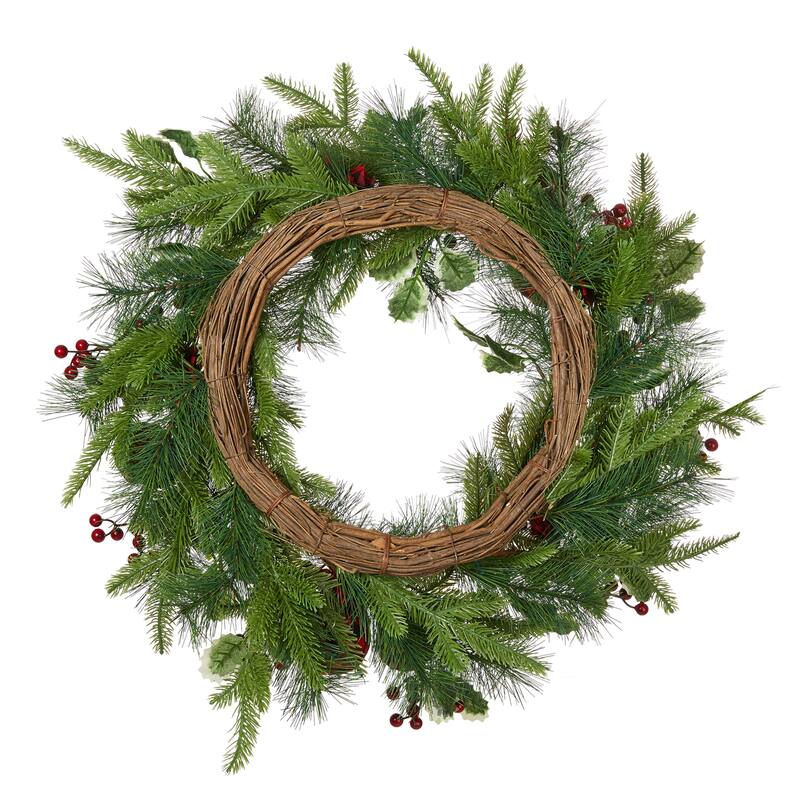 Glitzhome 24"D Snow Berry Twig Ball Pinecone Holly Pine Wreath with Lights & Timer