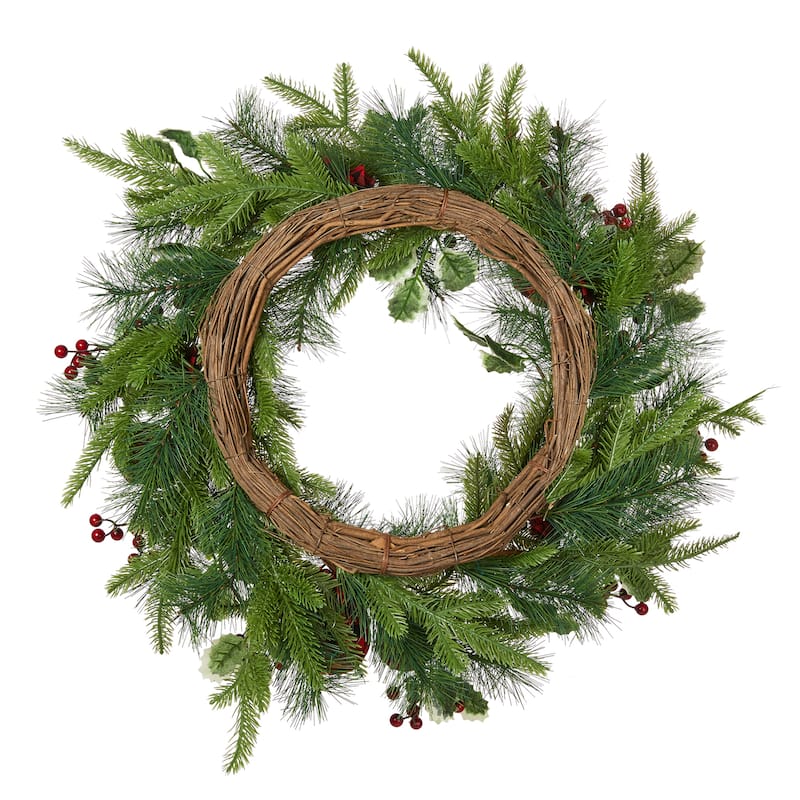 Glitzhome 24"D Snow Berry Twig Ball Pinecone Holly Pine Wreath with Lights & Timer