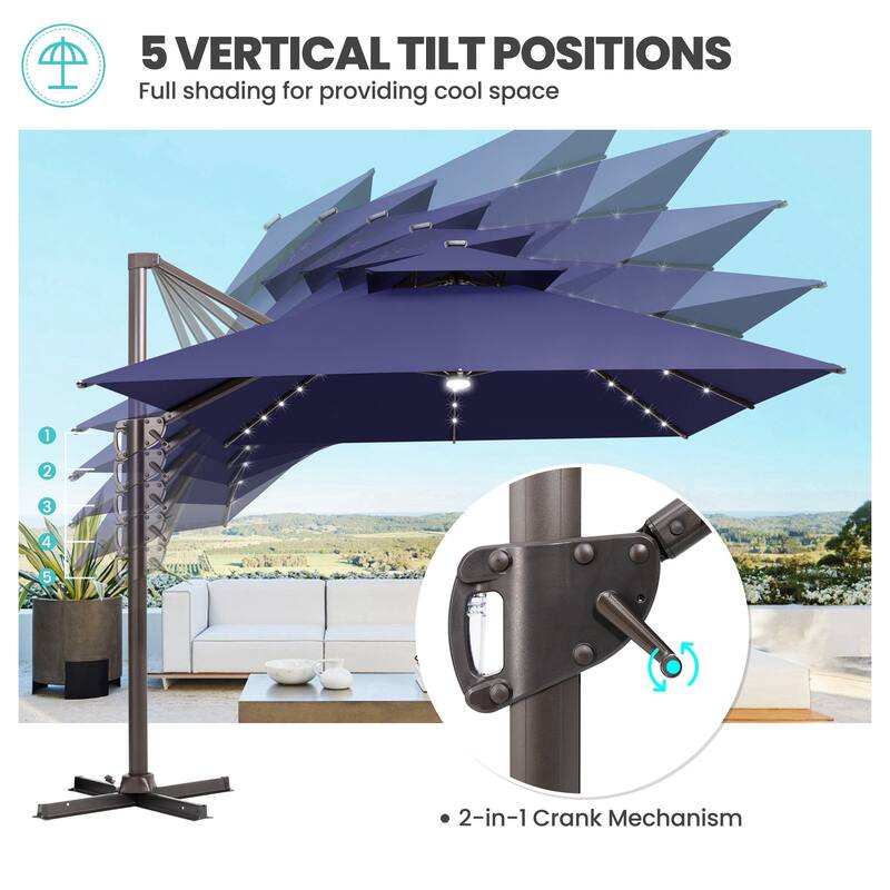 13 x 10ft Solar Powered LED Patio Cantilever Umbrella 360-degree Rotation with Weighted Base