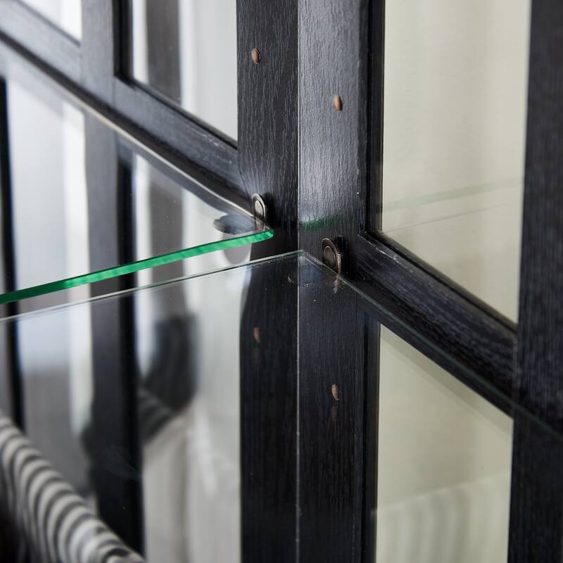 LED Curio Display Cabinet with Grille Doors, Antique Display Cabinet with Adjustable Shelves, Wooden Accent Storage Cabinet