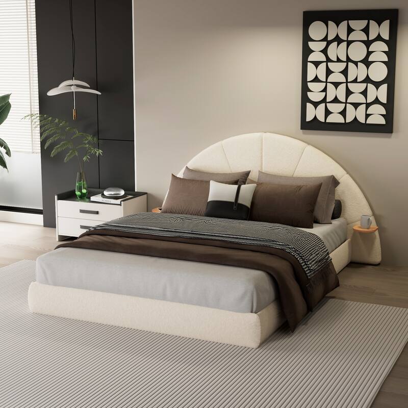 Roomfitters Queen Arched Boucle Bed Frame with Attached Side Table, Beige