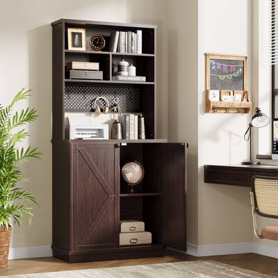 70.9-Inch Bookcase with 2 Doors, Tall Book Shelf with Storage Cabinet, Dark Walnut