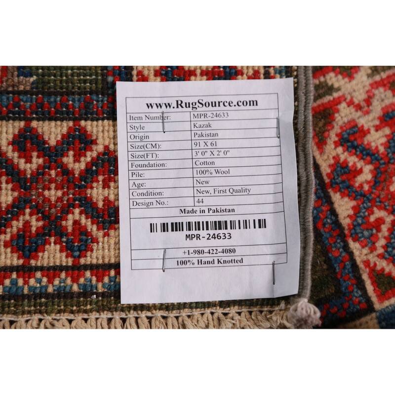 Geometric Green Kazak Oriental Foyer Rug Handmade Wool Carpet - 2'0"x 3'0"