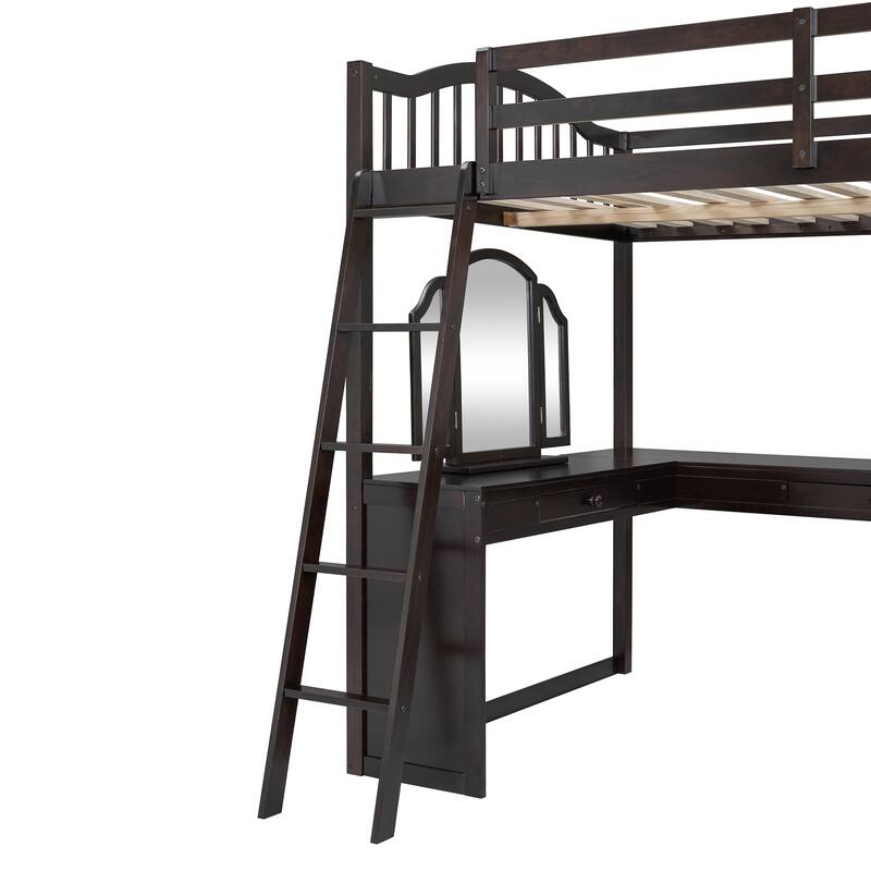 Full Size Loft Bed with U-Shaped Workspace, Drawers, and Tri-Fold Mirror - Ideal for Small Bedrooms