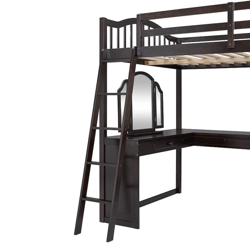 Full Size Wooden Loft Bed with U-Shaped Desk, Tri-Fold Mirror & Storage Compartments, Space-Saving Design