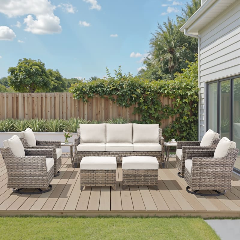 Pocassy Outdoor All-Weather Outdoor Sofa, Swivel Chair, Ottoman Sets - Grey Wicker Beige Cushion - 9 Pieces Sofa Swivel Chair Table with Ottoman