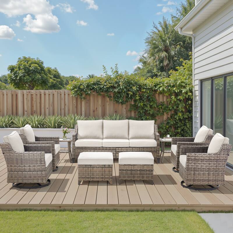 Pocassy Patio Sofa Glider Swivel Chair Ottoman Table Furniture Set. - Beige Cushion Gray Wicker - 9-Piece Sofa Ottoman w/ Swivel Chair Table Set