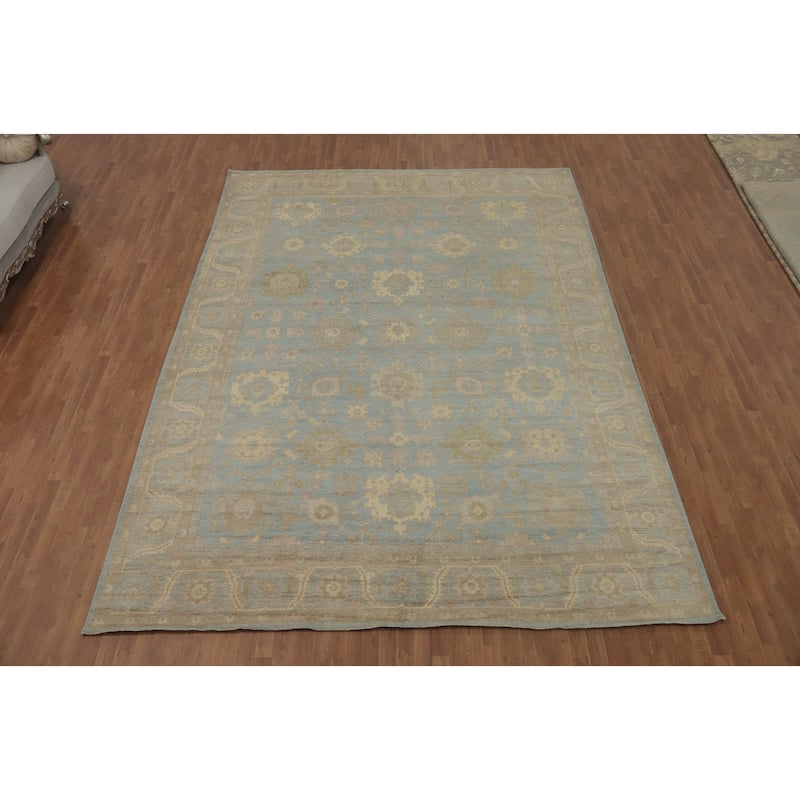 Floral Blue Oushak Vegetable Dye Large Rug, Floral Geometric Carpet - 13' 10'' X 10' 1''