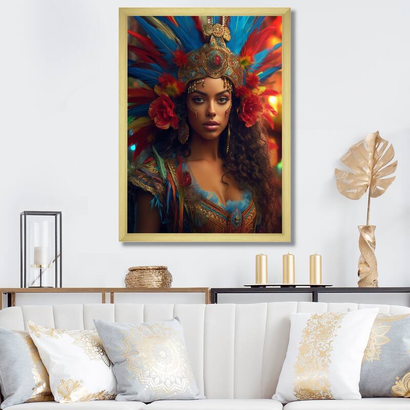 Designart "Multicolor Brazilian Spectrum of Spirit I" Fashion Woman Framed Canvas Wall Art - 12 in. wide x 20 in. high - Gold