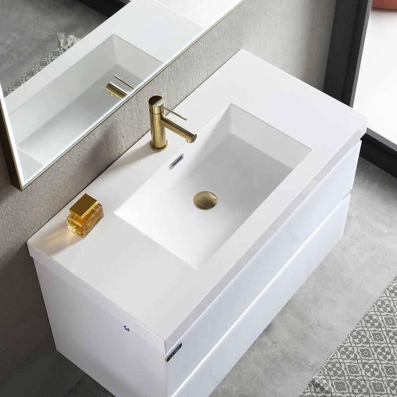 LED Lighted Floating / Wall Huang Vanity with Acrylic Sink and Comfortable Dimmed Vanity Light
