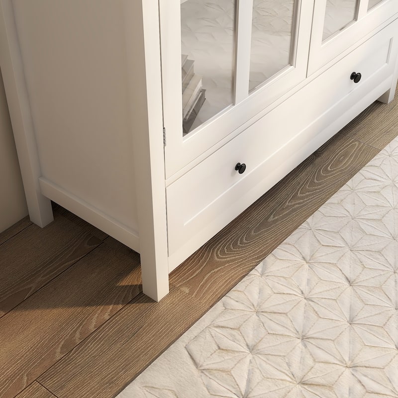 Buffet Storage Cabinet with Double Glass Doors Wooden Sideboard Cabinet with Unique Bell Handle for Dinning Room