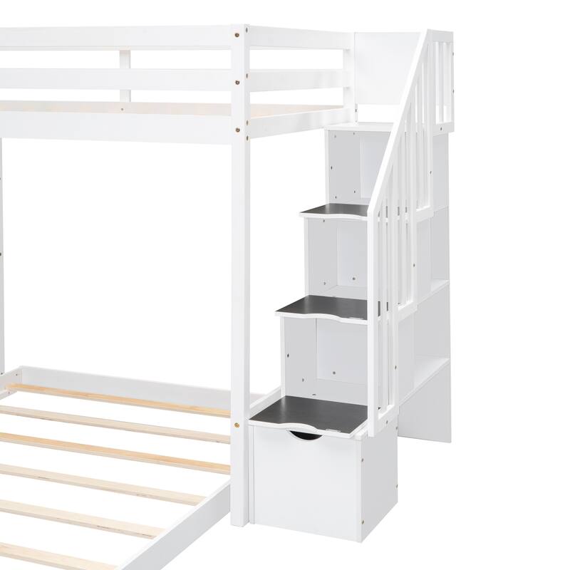Space-Saving Twin Over Full Bunk Bed with Shelves, Drawers, and Storage Stairs in White