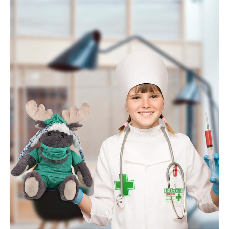 DolliBu Grey Moose Doctor Plush with Cute Scrub Uniform and Cap Outfit - 15 inches