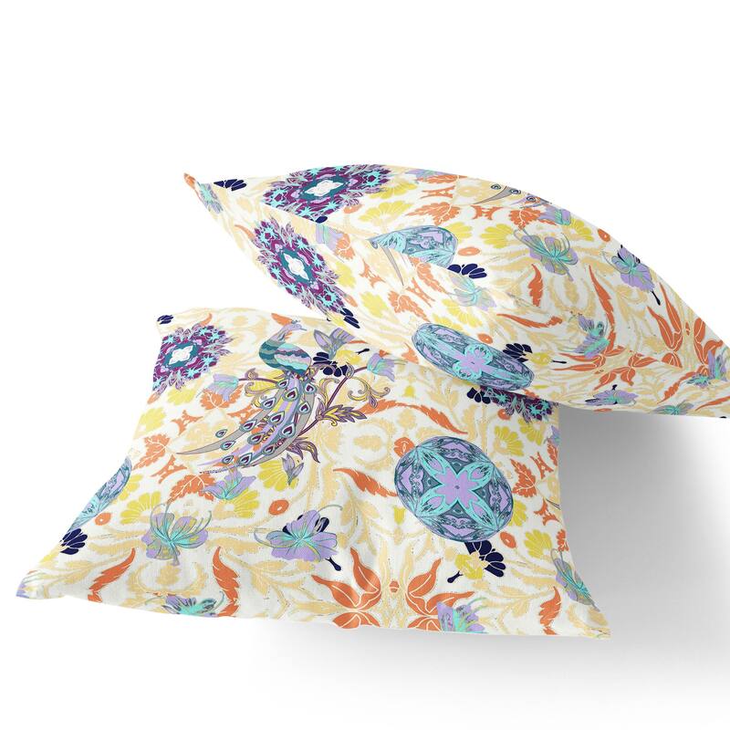 HomeRoots Set of Two 16" X 16" Orange and White Peacock Blown Seam Eclectic Indoor Outdoor Throw Pillow - Orange/White - 16.00' X '16.00' X '5.00