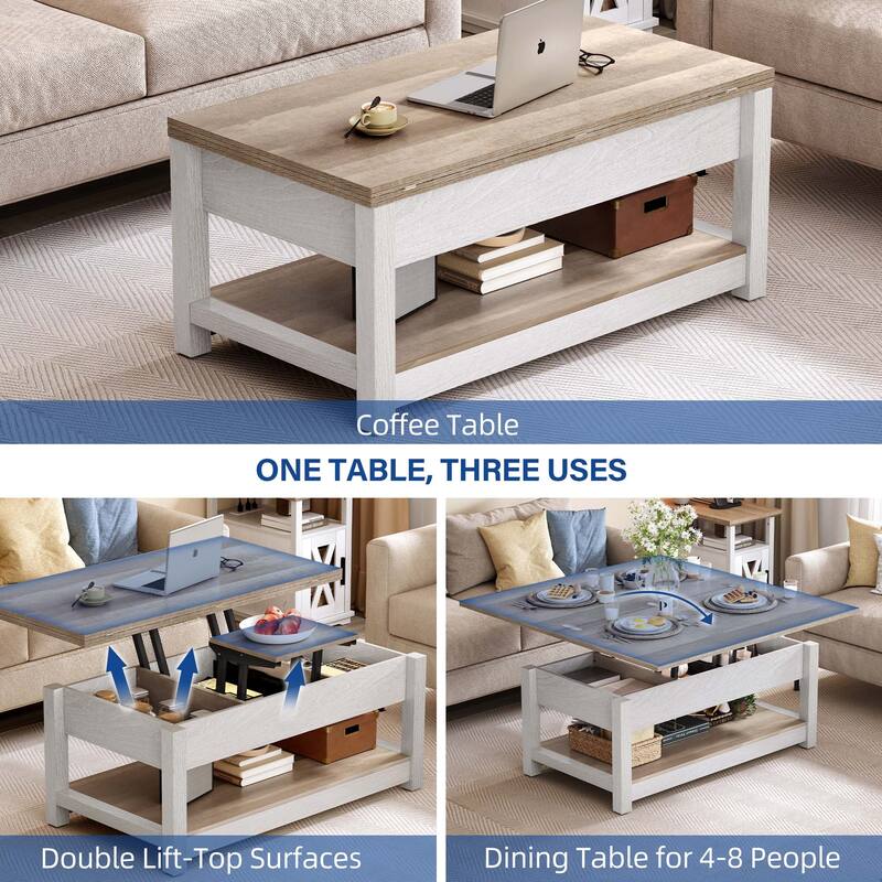 Moasis Farmhouse Lift Top Coffee Table Expandable Tabletop with Hidden Storage and Shelf for Living Room