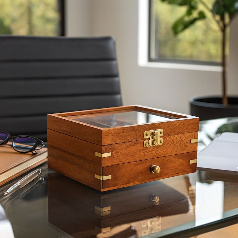 3 in 1 Classic Tabletop Game Set in Wooden Case Storage - 6", Brown & Gold - 6.0" - Brown - 6.0"