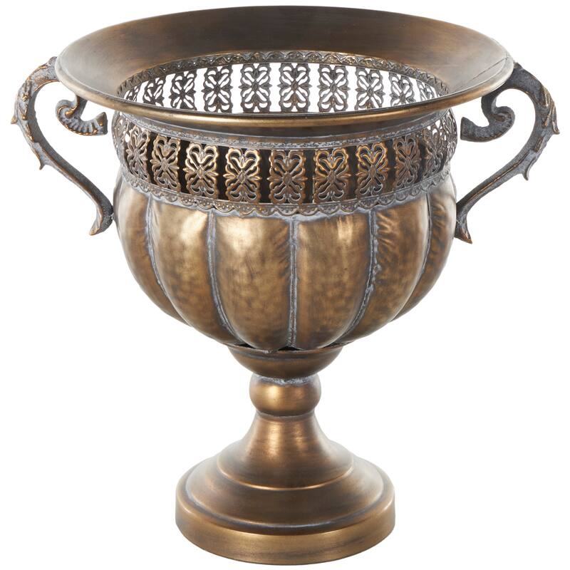 Bronze Metal Urn Shaped Decorative Vase with Hammered Details and Cut Outs