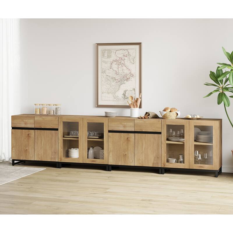 Modern Sideboard with Adjustable Shelves, 4 in 1 Storage Cabinet with Glass Doors, Coffee Bar Cabinet for Kitchen - 126 inches - Oak