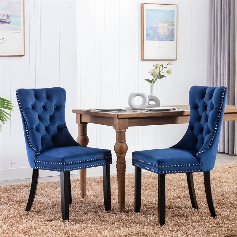 Dining Chairs Set of 2, Upholstered Accent Chair Button Tufted Armless Chair with Back Ring Pull and Nailhead Trim