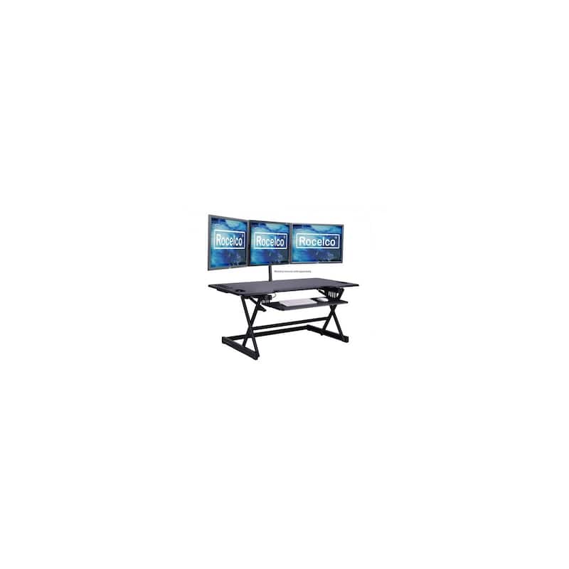 Rocelco 46 in. W Black Height Adjustable Standing Desk Converter with AC USB Charger, Double Monitor Arm and Triple Screen Riser