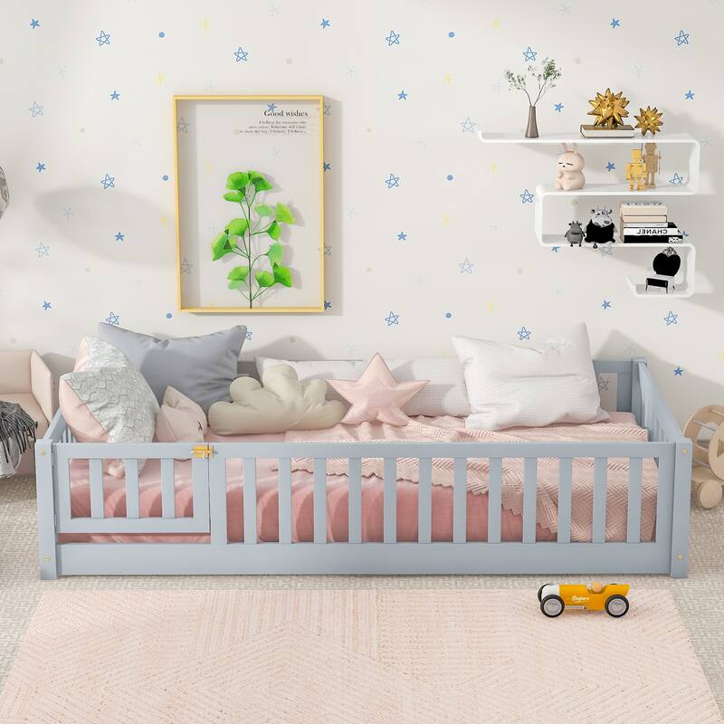 Twin Size Floor Bed with Fence and Door,Rubber Wood Floor Bed with Safety Guardrails - Grey