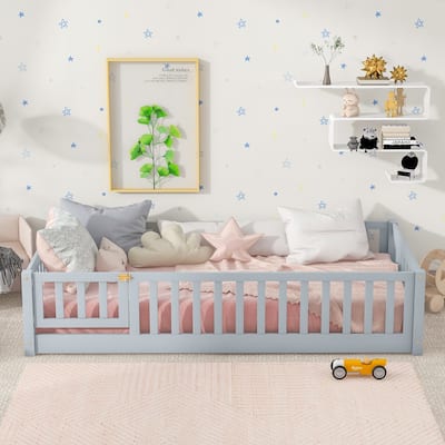 Twin Size Rubber Wood Floor Bed with Fence, Door & Safety Guardrails