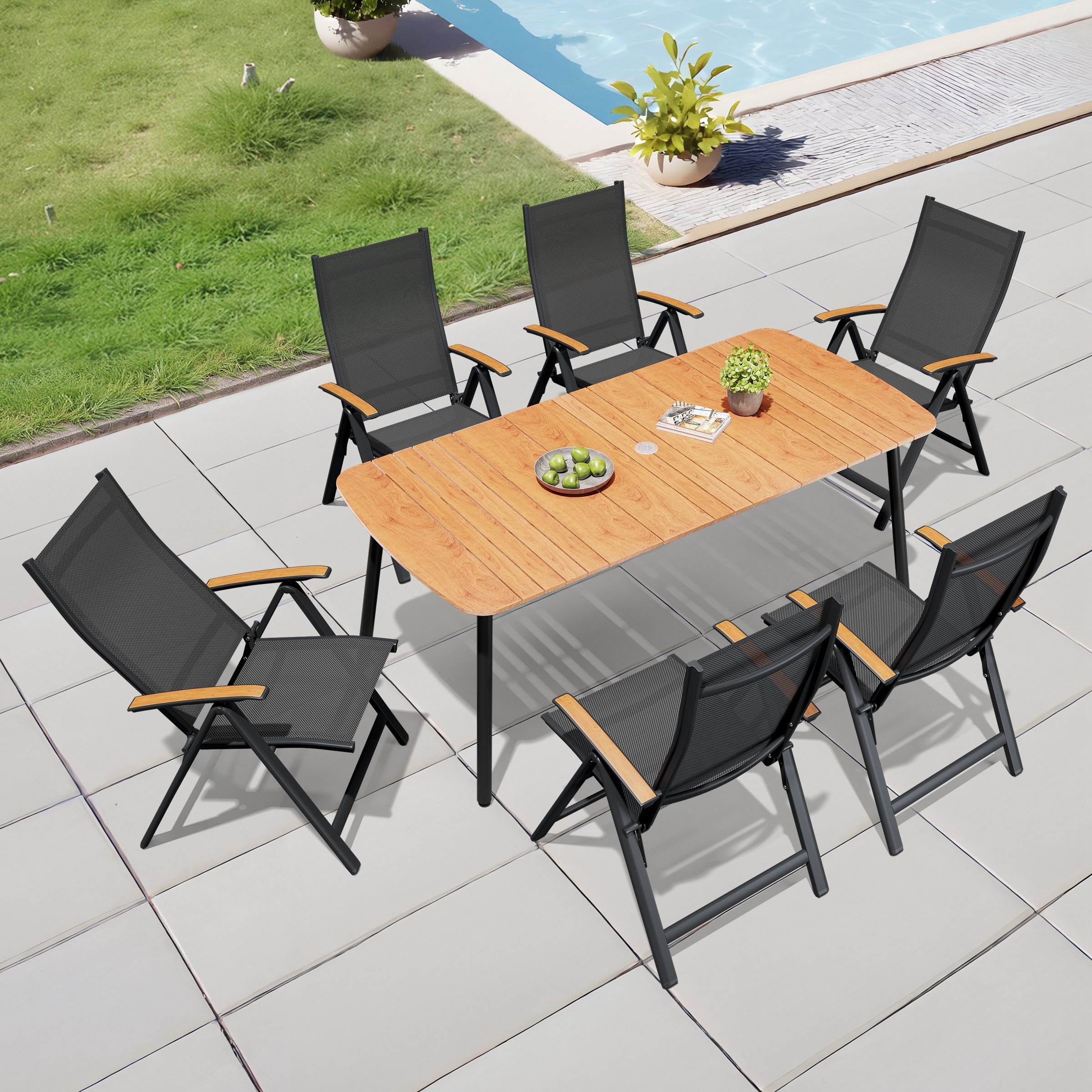 Patio Dining Set 7-Piece Aluminum Rectangle Table and Folding Chairs
