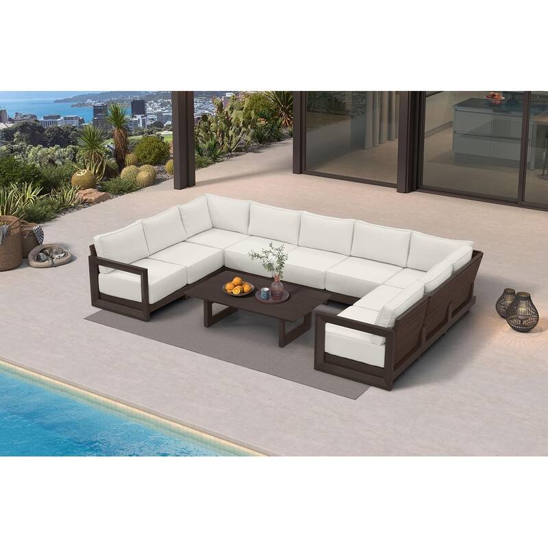 PURPLE LEAF Caesar Outdoor Couch with 9.6" white Thick Cushion and Table for Yard Porch Deck Outdoor Patio Conversation Sets - 9 Seats+1 Table - U-shaped