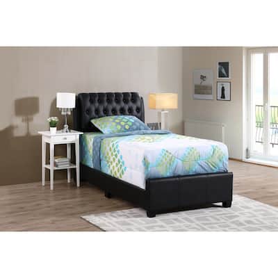 Twin Bed with Padded Headboard - Rustic Black Faux Leather Frame, Boxspring Needed, 41x83x48