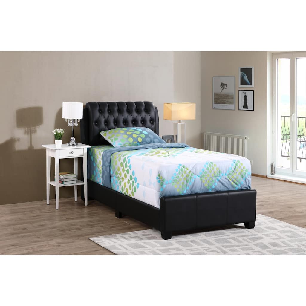 Twin Bed with Padded Headboard - Rustic Black Faux Leather Frame, Boxspring Needed, 41x83x48