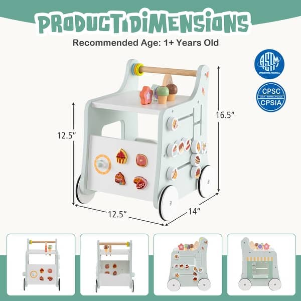 dimension image slide 0 of 2, MDF Kids Walker with Toys, Storage and Rubber Wheels - 12.5" L x 14" W x 16.5" H