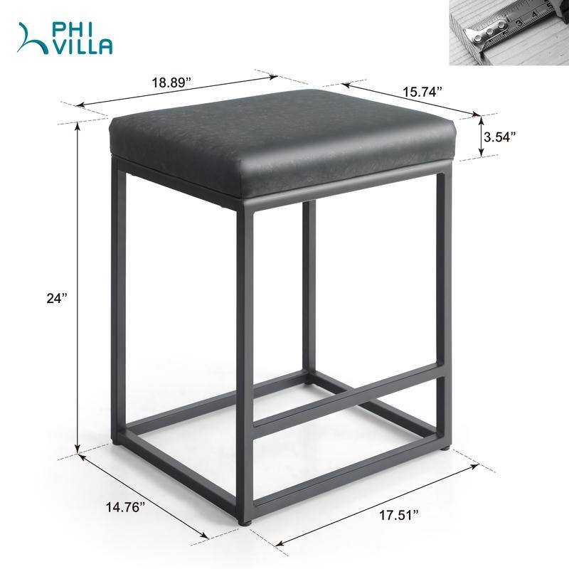 PHI VILLA 24'' Square PU Leather Bar Stool with Sturdy Metal Frame, Set of 2