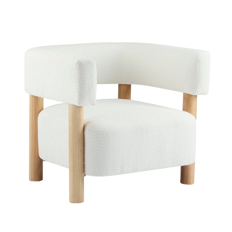 Roomfitters Boucle Upholstered Accent Arm Chair, Modern Lounge Barrel Seat, White+Natural
