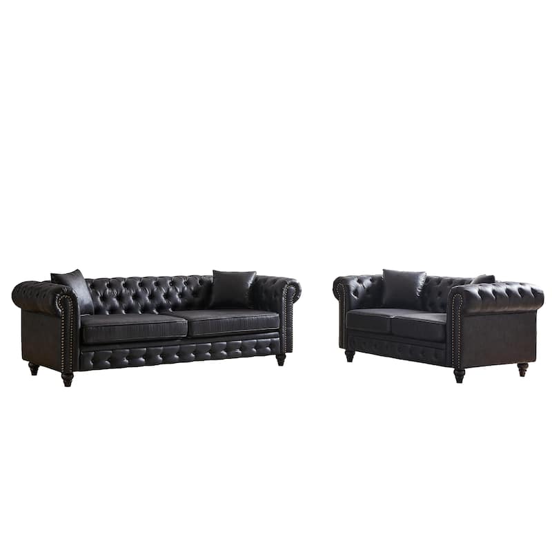 Loveseat Sofa +3 Seater Sofa Set of 2, Button Tufted Chesterfield Couches, Tech Leather Fabric Upholstered Deep Seat Sofas