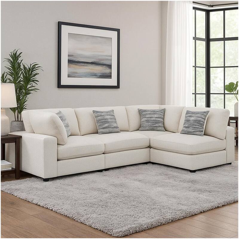 Serena 4pc Modular Sectional Sofa, 4 Accent Pillows, Beige Jacquard