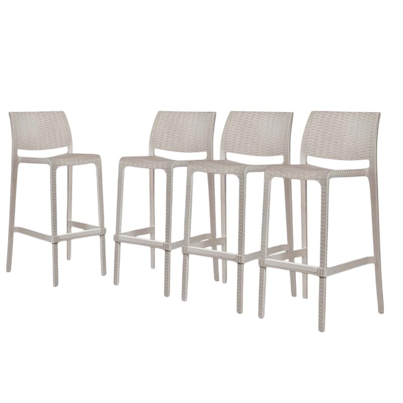 HomeRoots Set of Four 30" Taupe Faux Rattan Heavy Duty Plastic Outdoor Bar Height Chairs