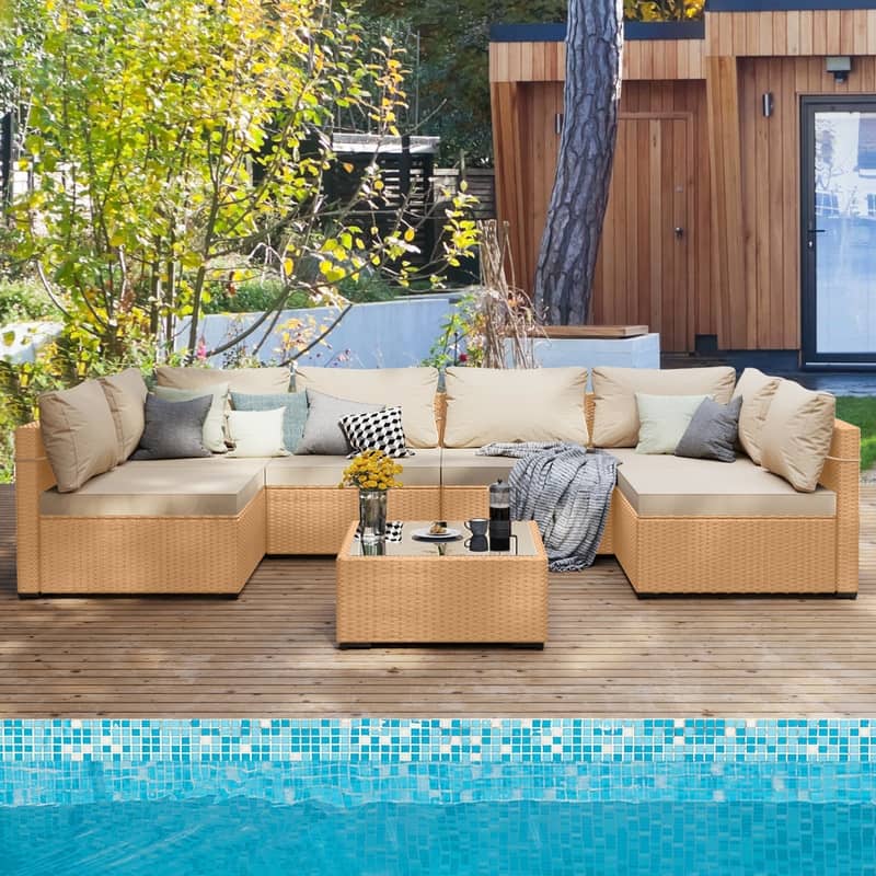 Patio Watcher 7-Piece Patio Yellow Wicker Sectional Seating Group with Cusions and Side Table
