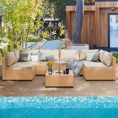 Patio Watcher 7-Piece Patio Yellow Wicker Sectional Seating Group with Cusions and Side Table