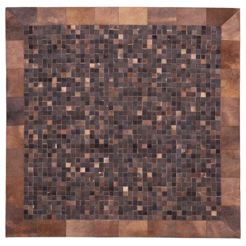 ECARPETGALLERY Handmade Cowhide Patchwork Dark Brown Leather Rug - 6'1 x 6'1