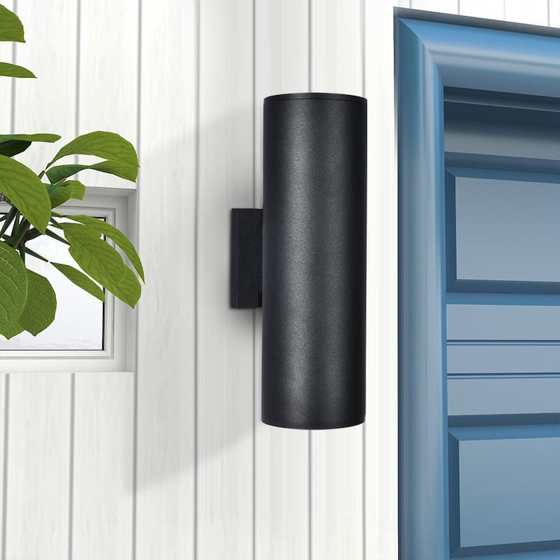 2 Pack 2-Light Modern Industrial Black Cylindrical Outdoor Waterproof Lantern Wall Sconces - 4.3 in. W x 13.4 in. H - 4.3 in. W x 13.4 in. H - Satin Black