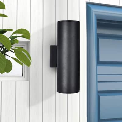 2 Pack 2-Light Modern Industrial Black Cylindrical Outdoor Waterproof Lantern Wall Sconces - 4.3 in. W x 13.4 in. H