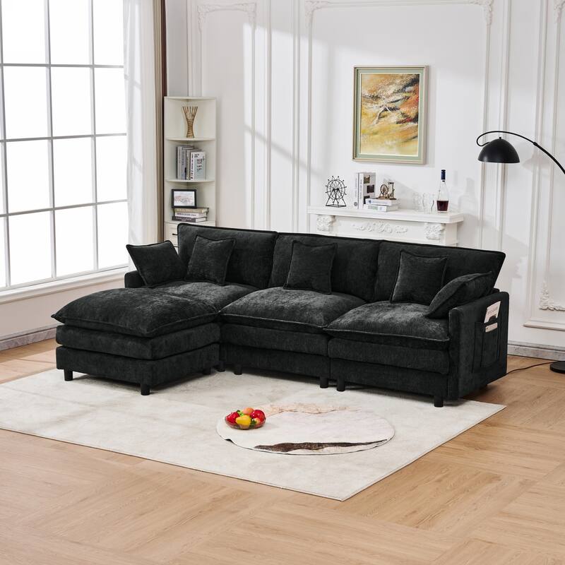 L-Shaped Modular Sectional Sofa with Movable Storage Ottoman, Comfy Cashmere Deep Seat Cloud Couch, Lounge Sofa with Pillows - Black