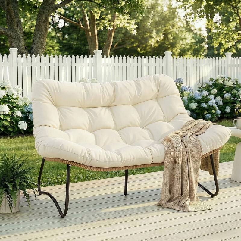 FINCATI 2-Person Outdoor/Indoor Wicker Lounge Egg Chair Loveseat, Oversized 51" Patio Club Chair with 5.5" Cushion - Beige