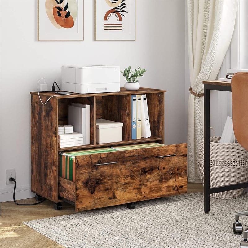 Mobile Lateral Filing Cabinet with Charging Station - 14.2"D x 31.5"W x 26.6"H