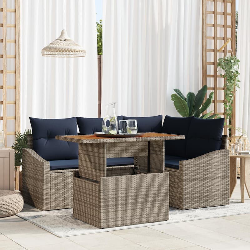 vidaXL 5 Garden Sofa Set with Cushions Black/Grey Poly Rattan - 70.3 x 48.6 x 27.2 - Grey